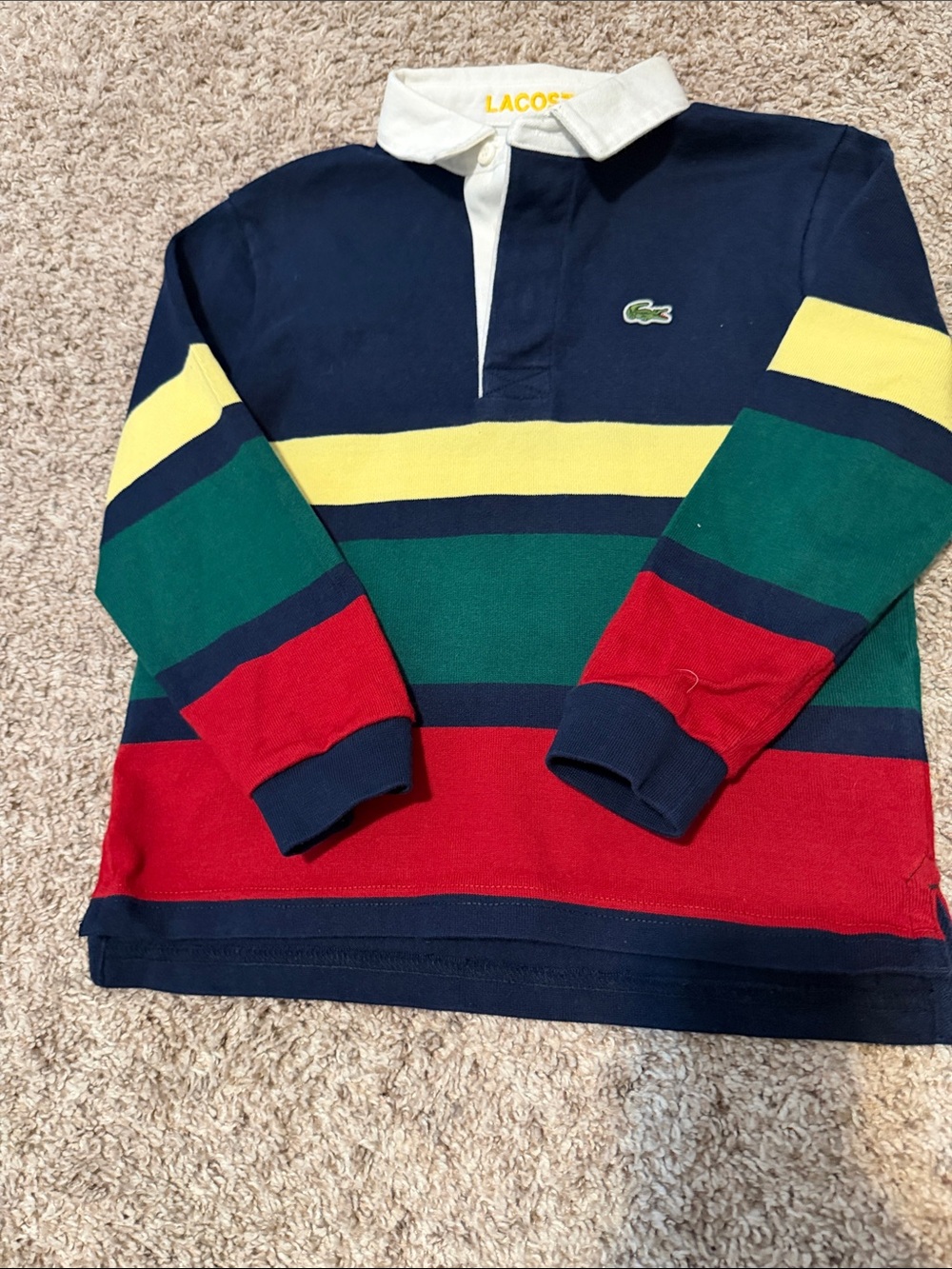Lacoste Boy’s Navy Rugby Polo with Yellow, Green and Red Stripes size 5